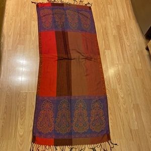 Orange red purple patterned long and wide scarf with fringes